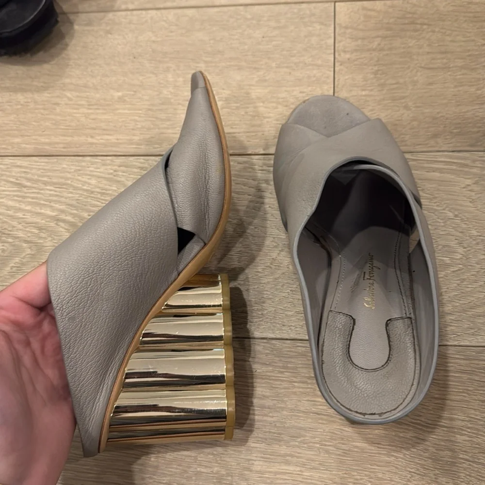 Salvatore Ferragamo Gray and Gold Mules with Sculptural Heel - Picture 6 of 9